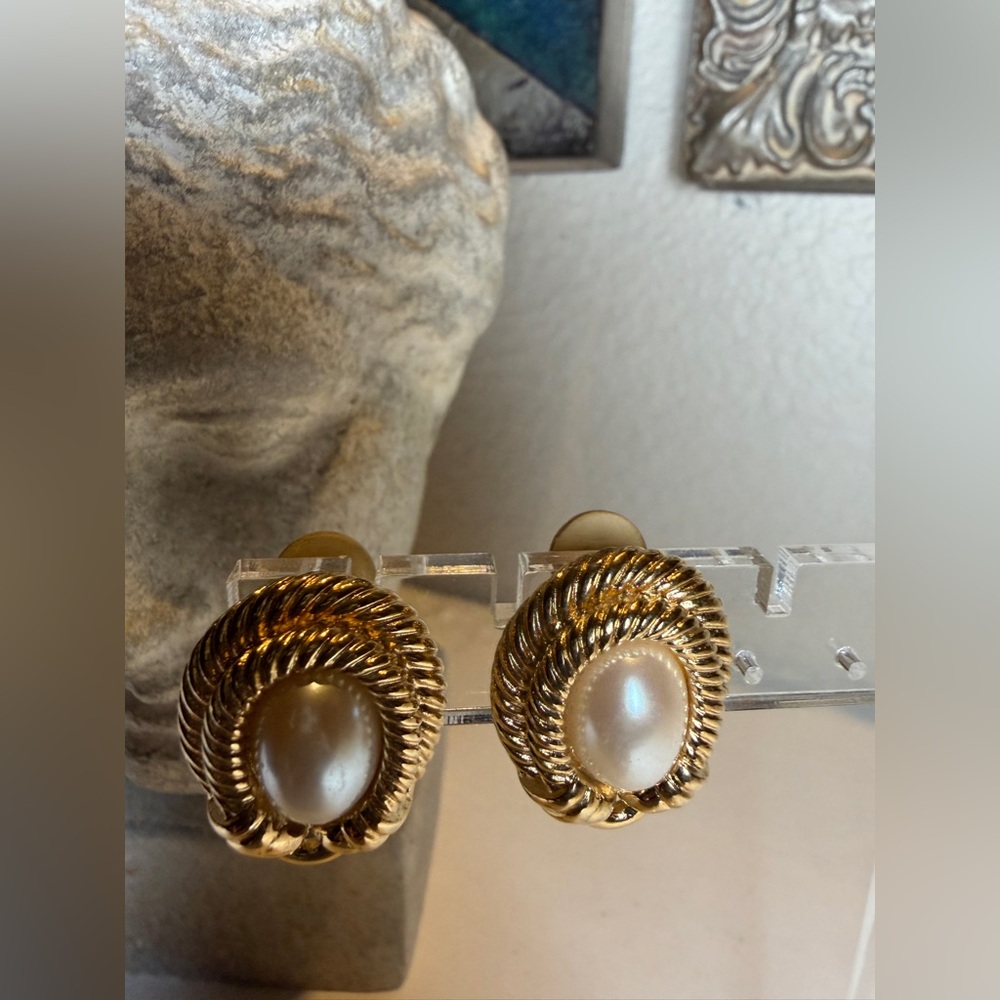 Vintage Givenchy Faux Pearl Cabochon Rope Frame  Earrings‎